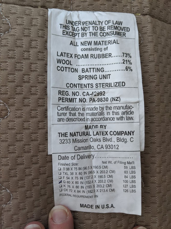 Eco Terra Mattress tag