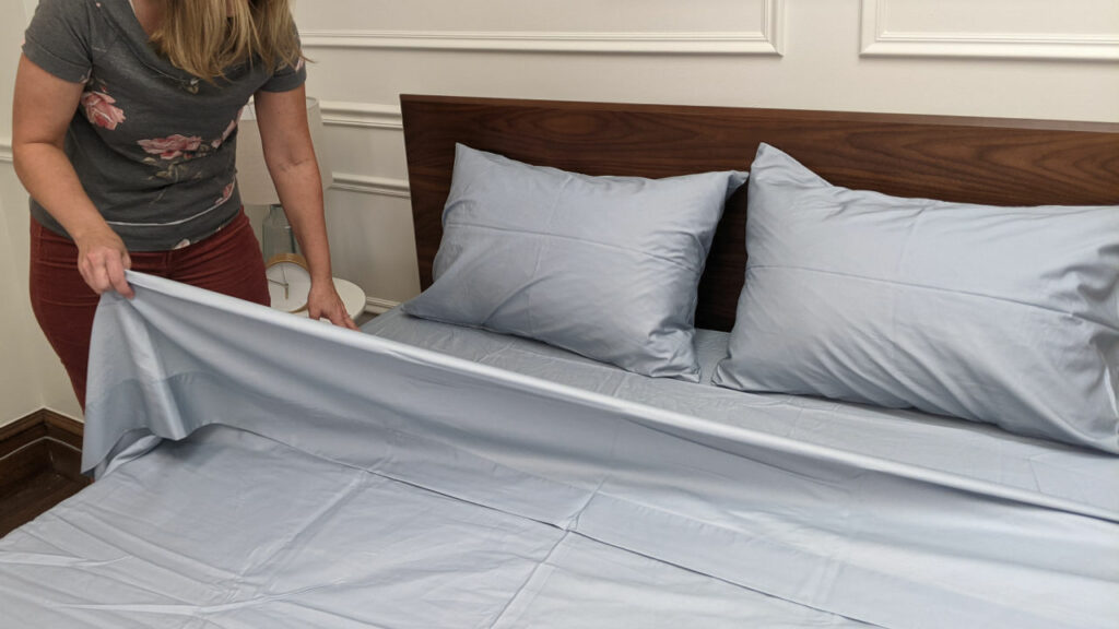 Miracle Sheets in Sky Blue on bed